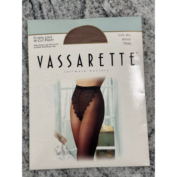 Vassarette Floral Lace Hi-Cut Pantyhose Silky Sheer Beige M/L Intimate Hosiery - Picture 1 of 3